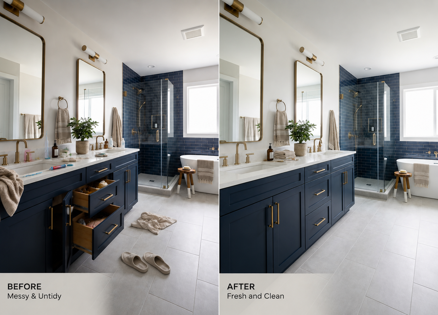 Before and after bathroom sparkle by Safi Pro Cleaning